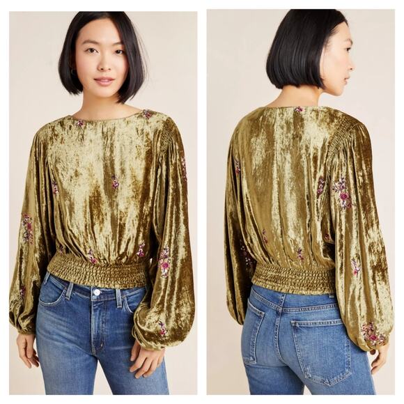 Anthropologie Tori Embroidered Velvet Blouse by Seen Worn Kept in Green - Picture 1 of 8